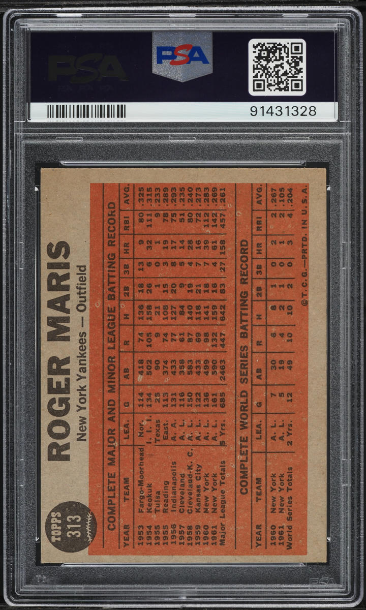 1962 Topps Roger Maris BLASTS 61ST #313 PSA 4 VGEX