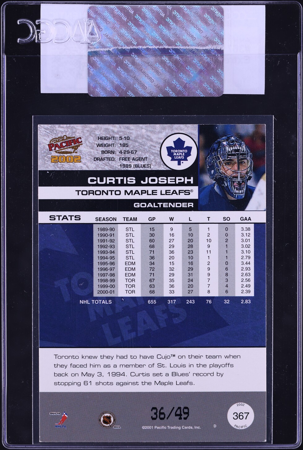 2001 Pacific Extreme LTD Curtis Joseph /49 #367 CGC AUTH