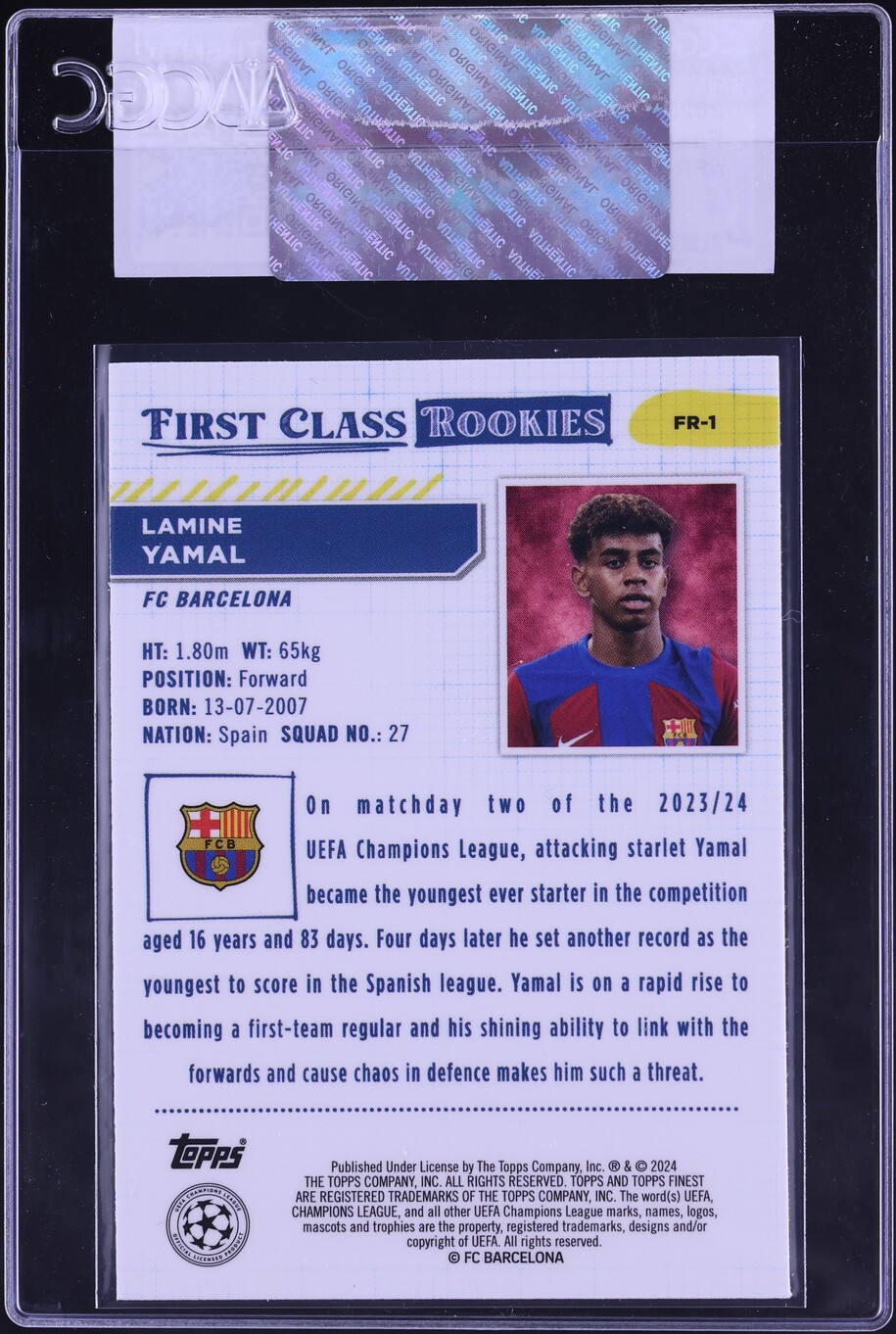 2023 Finest UEFA CC First Class Lamine Yamal ROOKIE #FR-1 CGC AUTH