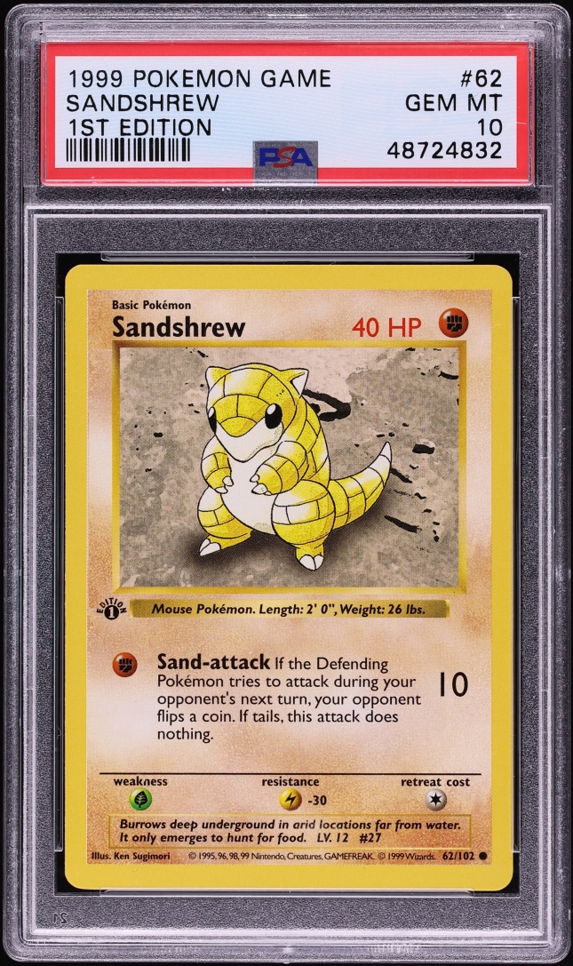 1999 Pokemon Base Set Shadowless 1st Edition Sandshrew #62 PSA 10 GEM MINT