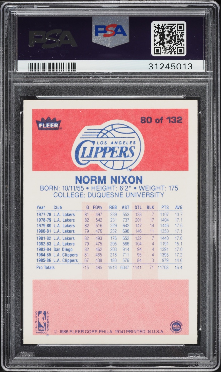 1986 Fleer Basketball Norm Nixon #80 PSA 9 MINT