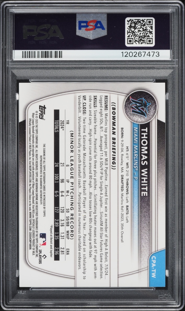 2025 Bowman Chrome HTA Choice Refractor Thomas White PROSPECT AUTO /150 #CPA-TW PSA 10 GEM MINT