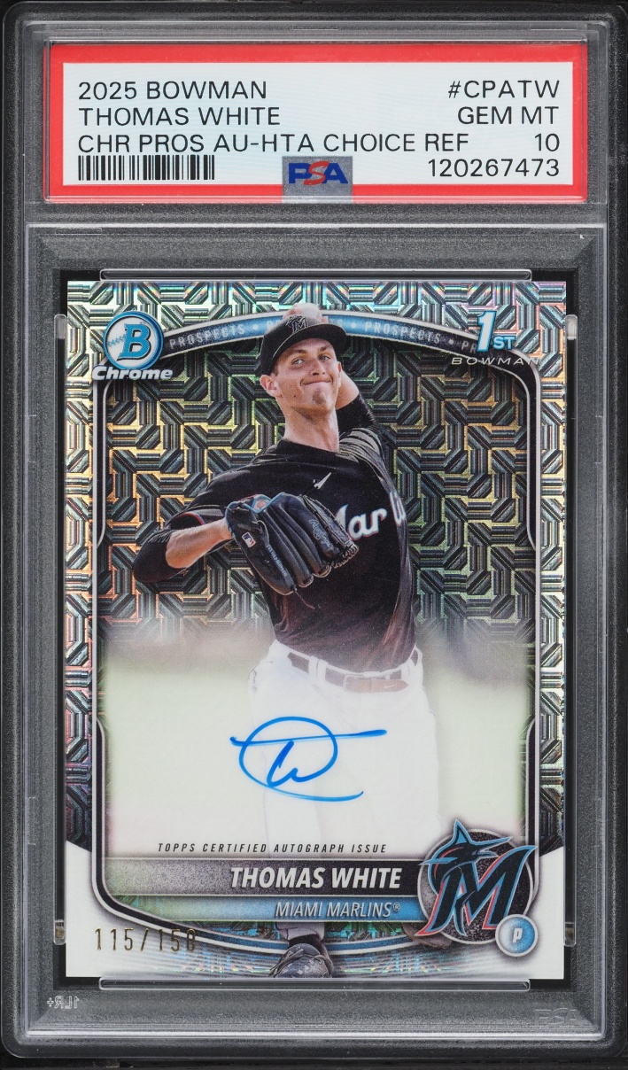 2025 Bowman Chrome HTA Choice Refractor Thomas White PROSPECT AUTO /150 #CPA-TW PSA 10 GEM MINT