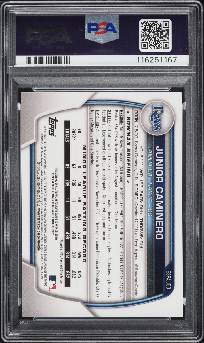 2023 Bowman Chrome Sapphire Edition Junior Caminero PROSPECT AUTO #BSPA-JCO PSA 10 GEM MINT