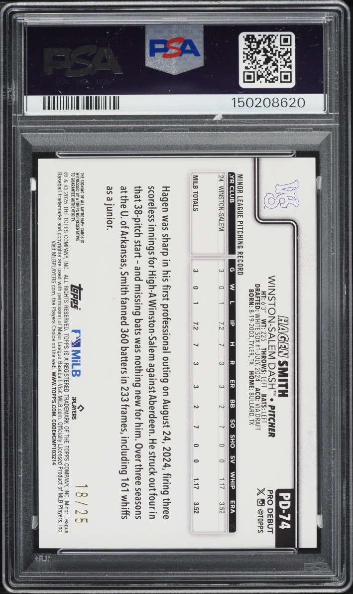 2025 Topps Pro Debut Orange Foil Hagen Smith PROSPECT AUTO /25 #PD-74 PSA 10 GEM MINT