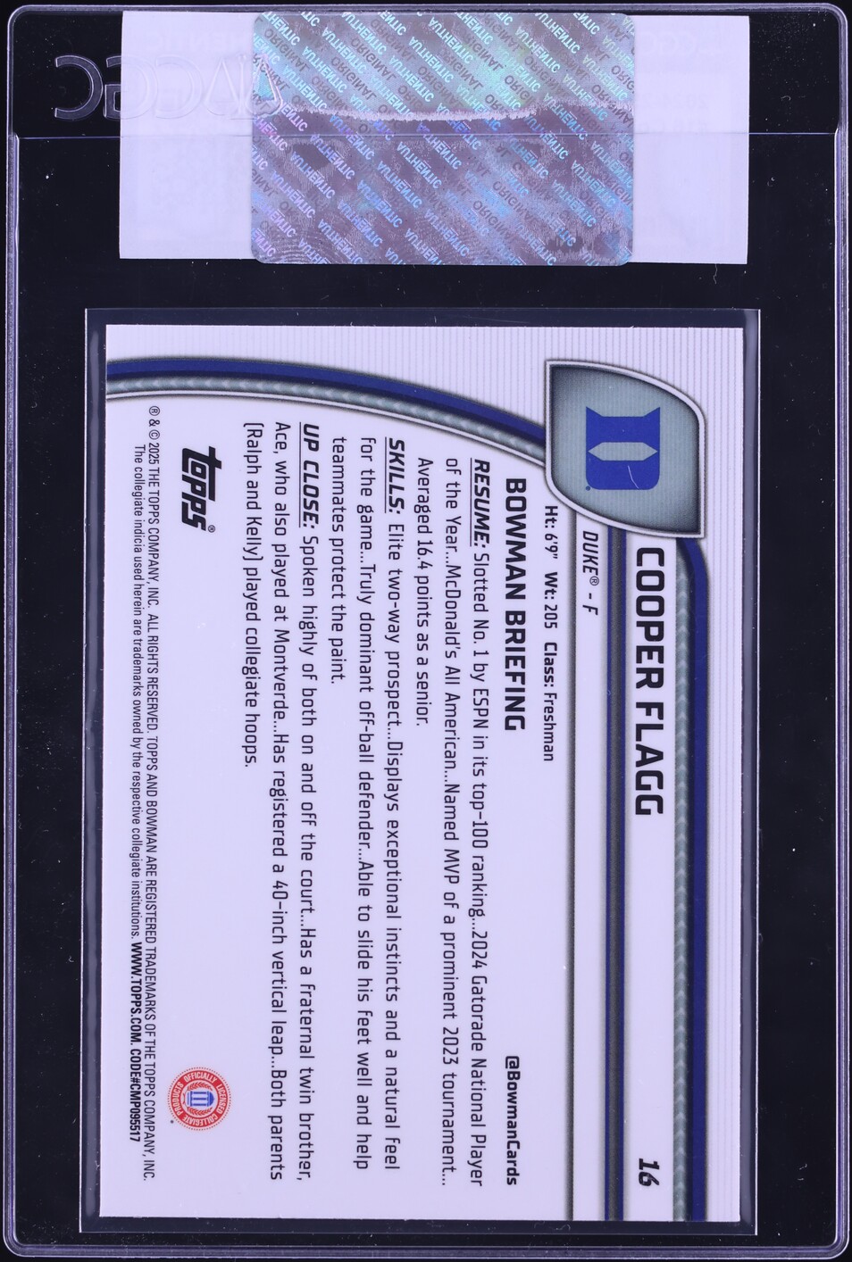 2024 Bowman Chrome University Cooper Flagg ROOKIE #16 CGC AUTH
