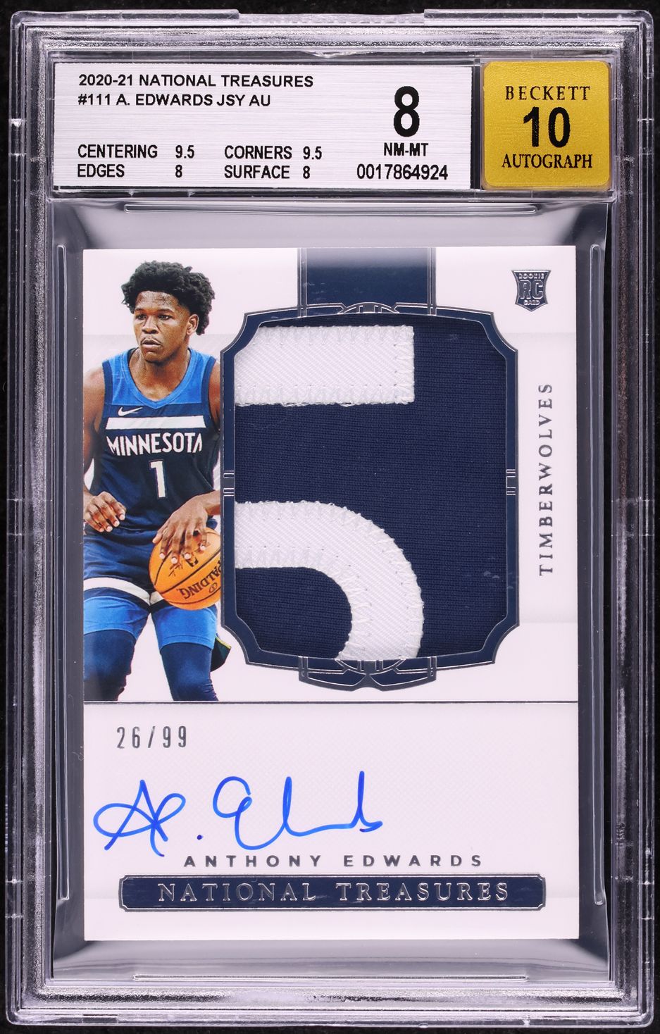 2020 National Treasures Anthony Edwards ROOKIE PATCH AUTO /99 #111 BGS 8 NM-MT