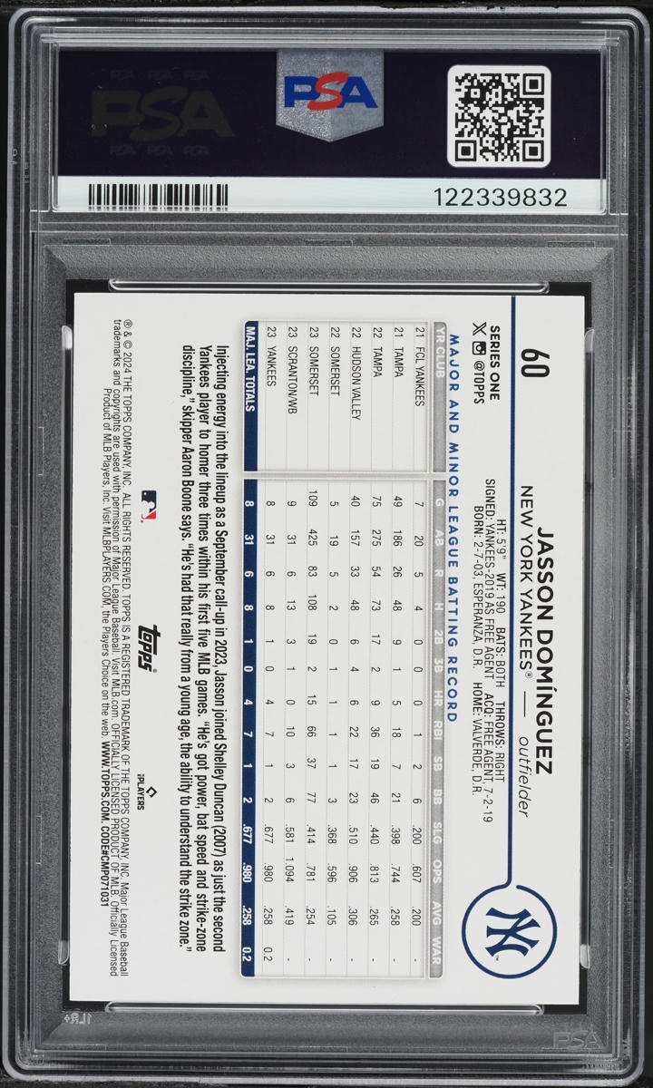 2024 Topps True Photo Jasson Dominguez ROOKIE #60 PSA 9 MINT