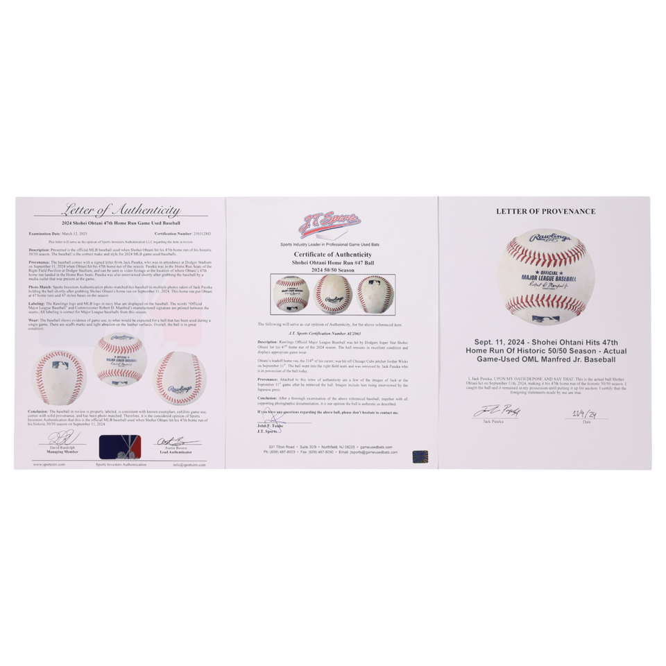 2024 Shohei Ohtani Game-Used 47th Home Run Ball from 50/50 Season