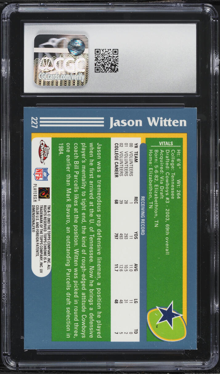 2003 Topps Chrome Jason Witten ROOKIE #227 CGC 8.5 NM-MT+