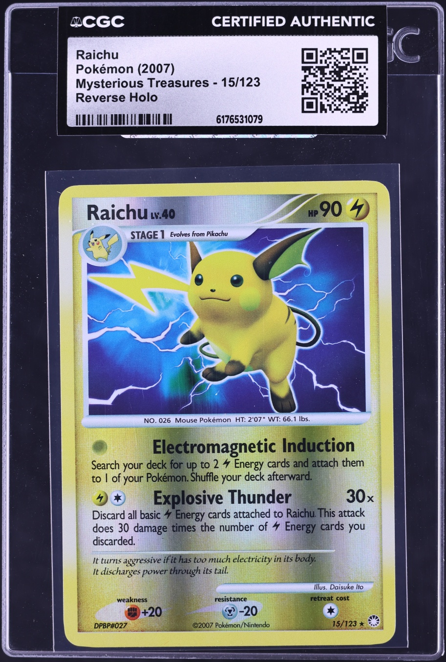 2007 Pokemon Diamond & Pearl Mysterious Treasures Reverse Holo Raichu #15 CGC AUTH