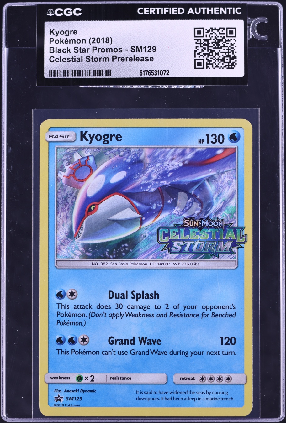 2018 Pokemon Sun & Moon Promos Celestial Storm Prerelease Staff Holo Kyogre #SM129 CGC AUTH