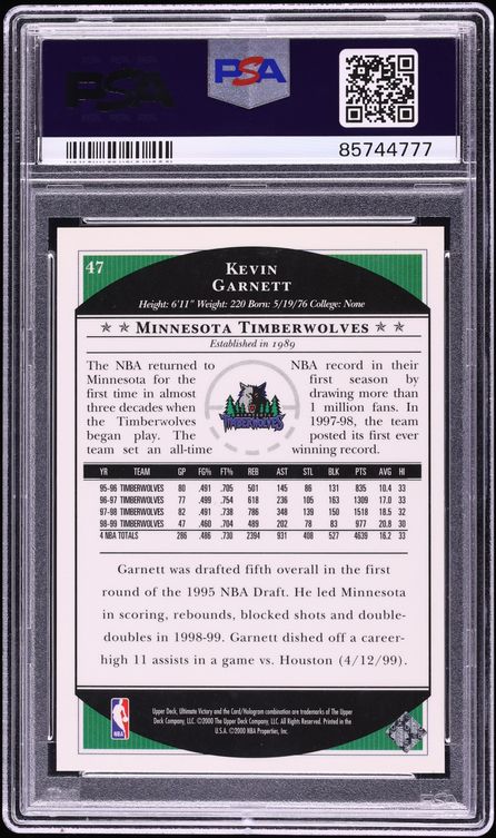 1999 Ultimate Victory Basketball Kevin Garnett 1/1 #47 PSA 10 GEM MINT
