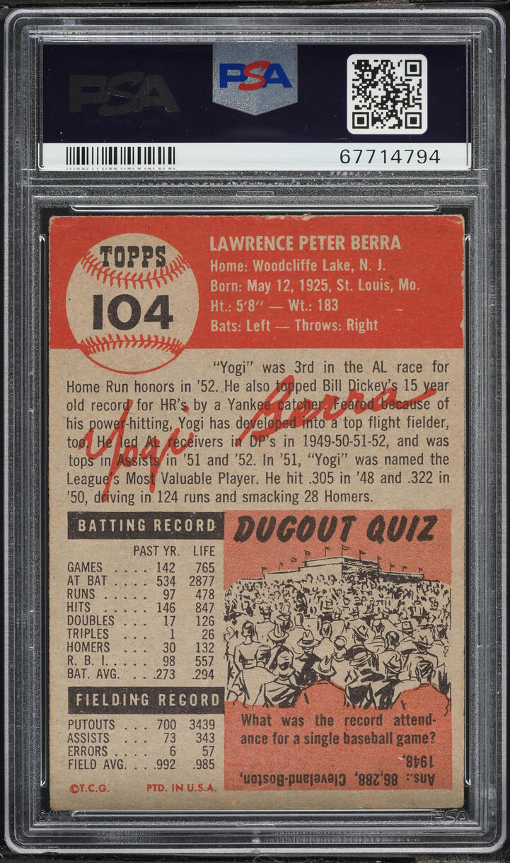 1953 Topps Yogi Berra #104 PSA 3 VG