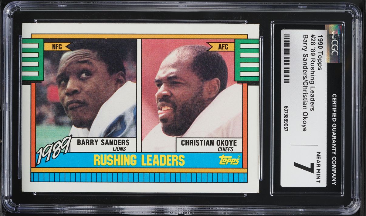1990 Topps Football Barry Sanders Christian Okoye RUSHING LEADERS #28 CGC 7 NRMT