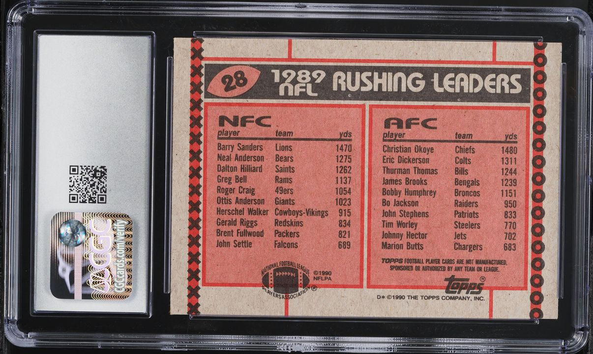 1990 Topps Football Barry Sanders Christian Okoye RUSHING LEADERS #28 CGC 7 NRMT