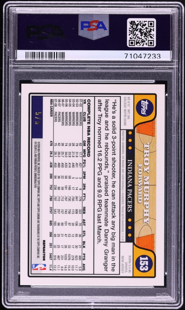 2008 Topps Chrome Red Refractor Troy Murphy 5/5 #153 PSA 10 GEM MINT