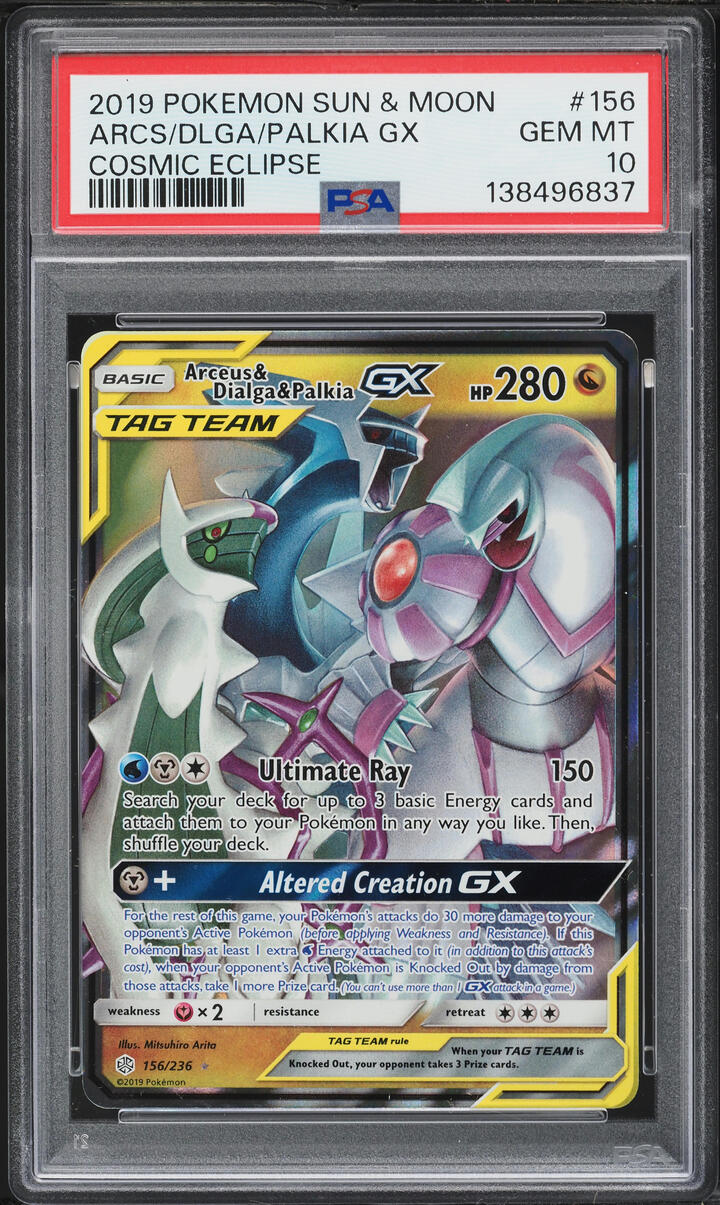 2019 Pokemon Sun & Moon Cosmic Eclipse Full Art Arceus Dialga Palkia GX #156 PSA 10 GEM MINT