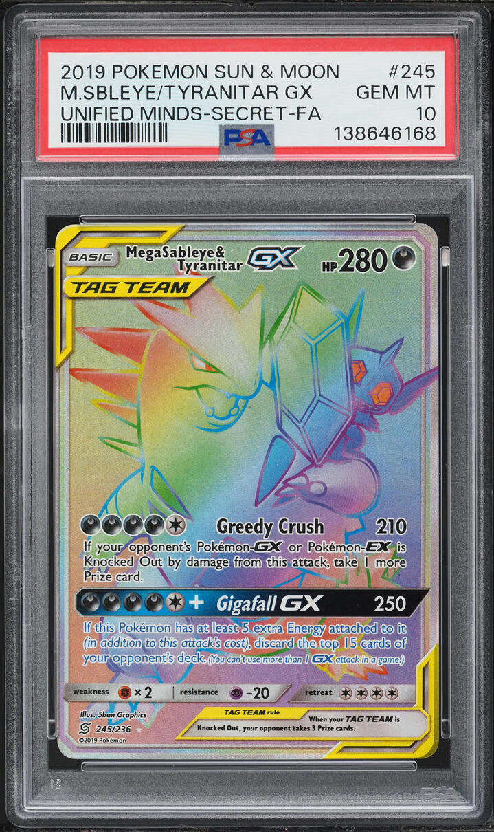 2019 Pokemon SM Unified Minds Rainbow Rare Mega Sableye & Tyranitar GX #245 PSA 10 GEM MINT