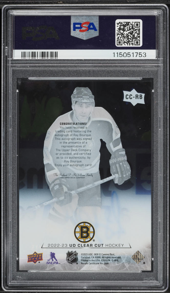 2022 Upper Deck Clear Cut Exclusives Ray Bourque AUTO /15 #CC-RB PSA 9 MINT
