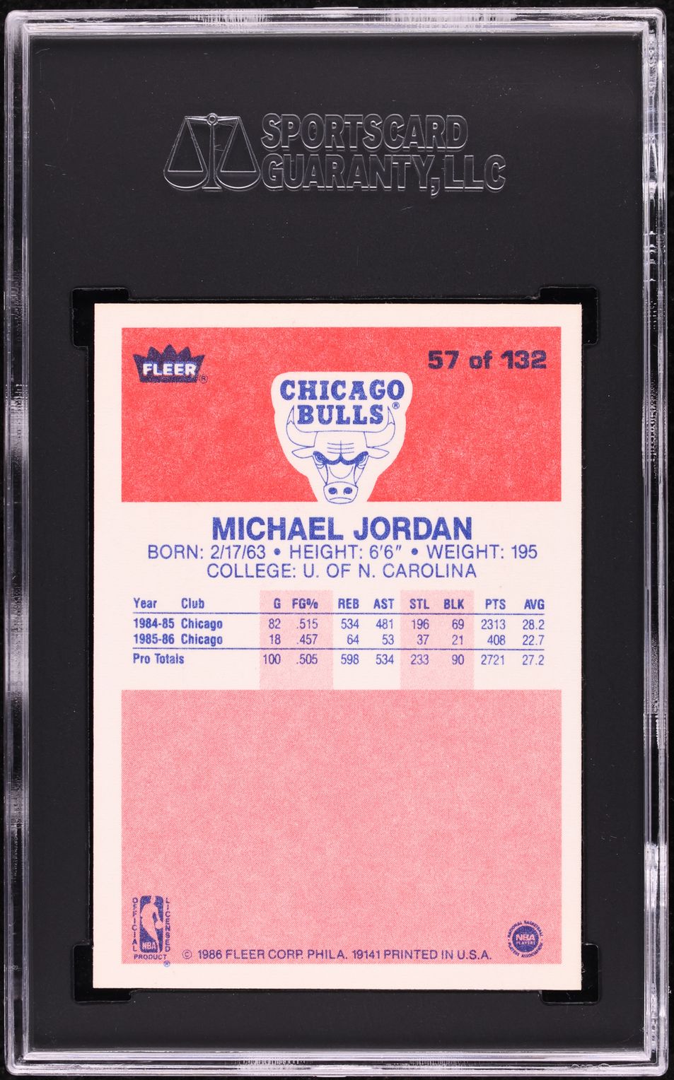 1986 Fleer Basketball Michael Jordan ROOKIE #57 SGC 10 GEM MINT