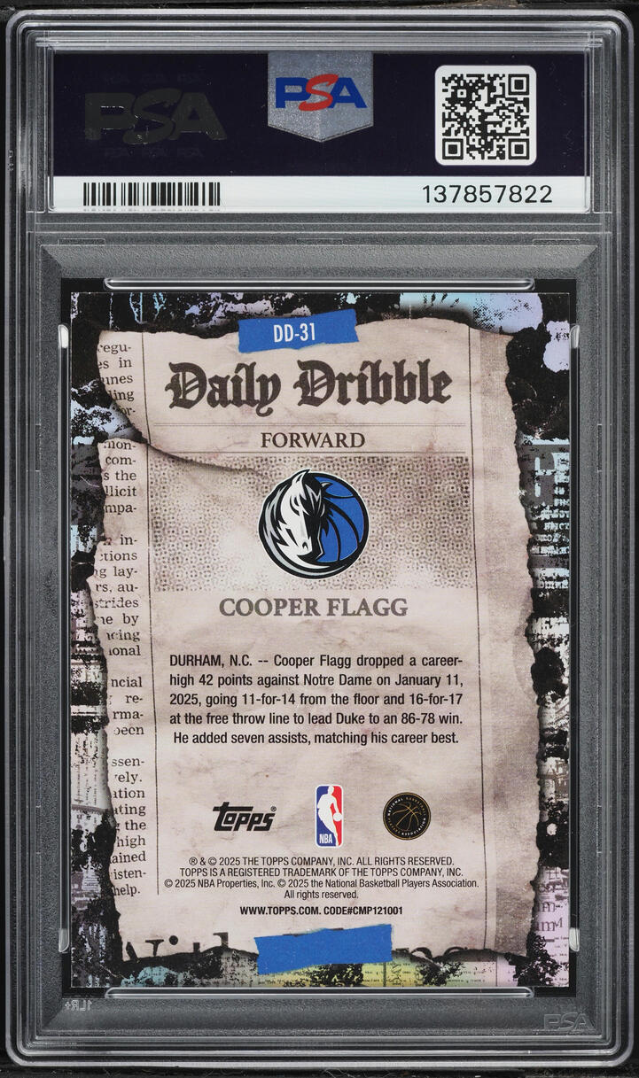2025 Topps The Daily Dribble Cooper Flagg ROOKIE #DD-31 PSA 10 GEM MINT