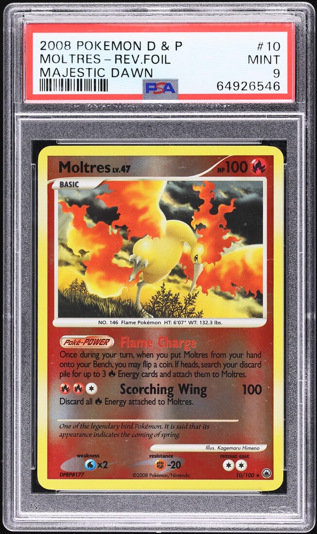 2008 Pokemon Diamond & Pearl Reverse Foil Majestic Dawn Moltres #10 PSA 9 MINT