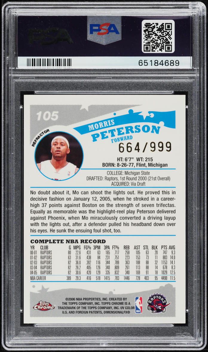 2005 Topps Chrome Refractor Morris Peterson /999 #105 PSA 10 GEM MINT