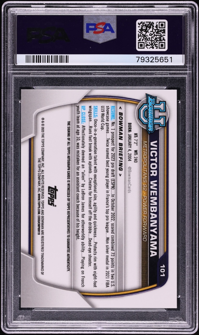 2022 Bowman Chrome University Victor Wembanyama ROOKIE AUTO DNA 10 #101 PSA 10 GEM MINT