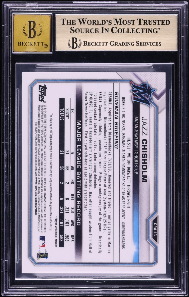 2021 Bowman Chrome Blue Refractors Jazz Chisholm ROOKIE AUTO /150 #BCRA-JC BGS 9.5 GEM MINT