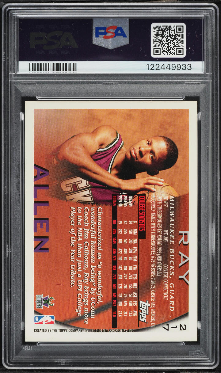 1996 Topps Basketball Ray Allen ROOKIE #217 PSA 8 NM-MT