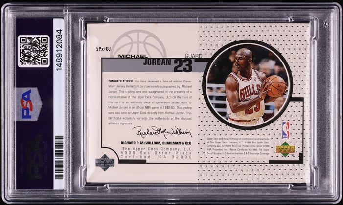 1998 Upper Deck Game Jersey Autographs Michael Jordan PATCH AUTO /23 #SPx-GJ PSA 7 NRMT