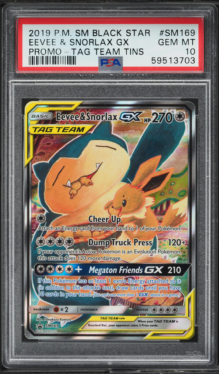 2019 Pokemon SM Black Star Promo Tag Team Tins Eevee & Snorlax GX #SM169 PSA 10