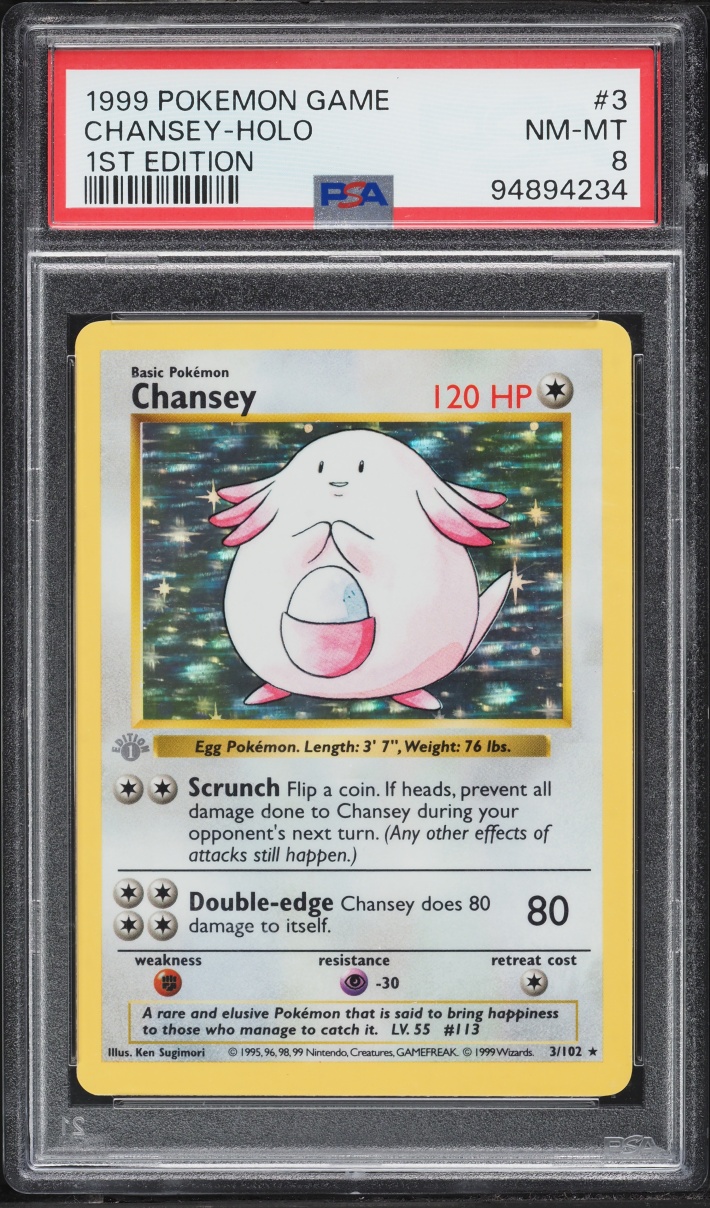 1999 Pokemon Base Set Shadowless 1st Edition Holo Chansey #3 PSA 8 NM-MT