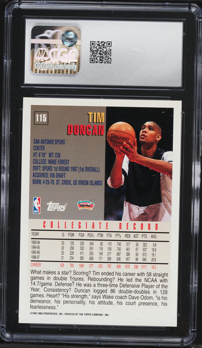 1997 Topps Basketball Tim Duncan ROOKIE #115 CGC 9 MINT