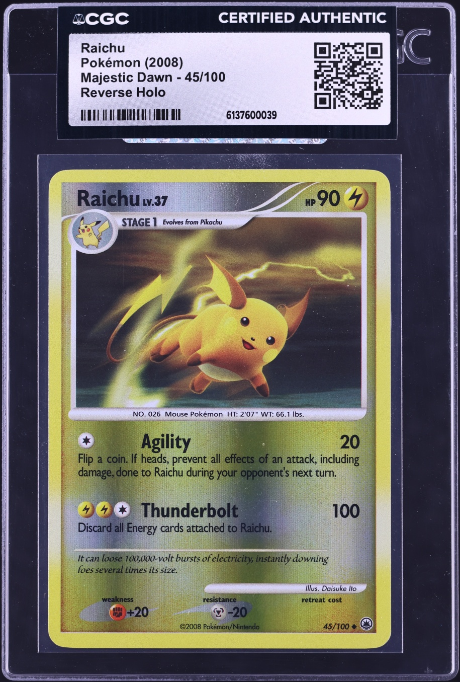 2008 Pokemon Majestic Dawn Reverse Holo Raichu #45 CGC AUTH