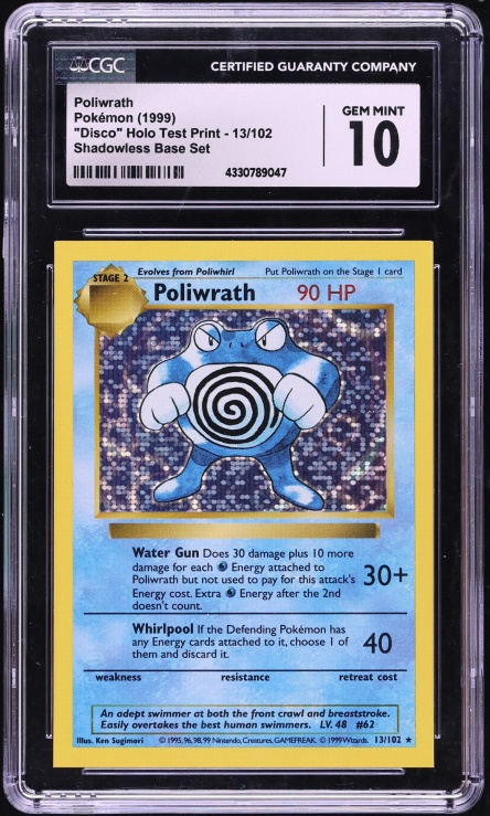 1999 Pokemon Base Set Shadowless "Disco" Holo Test Print Poliwrath #13 CGC 10 GEM MINT