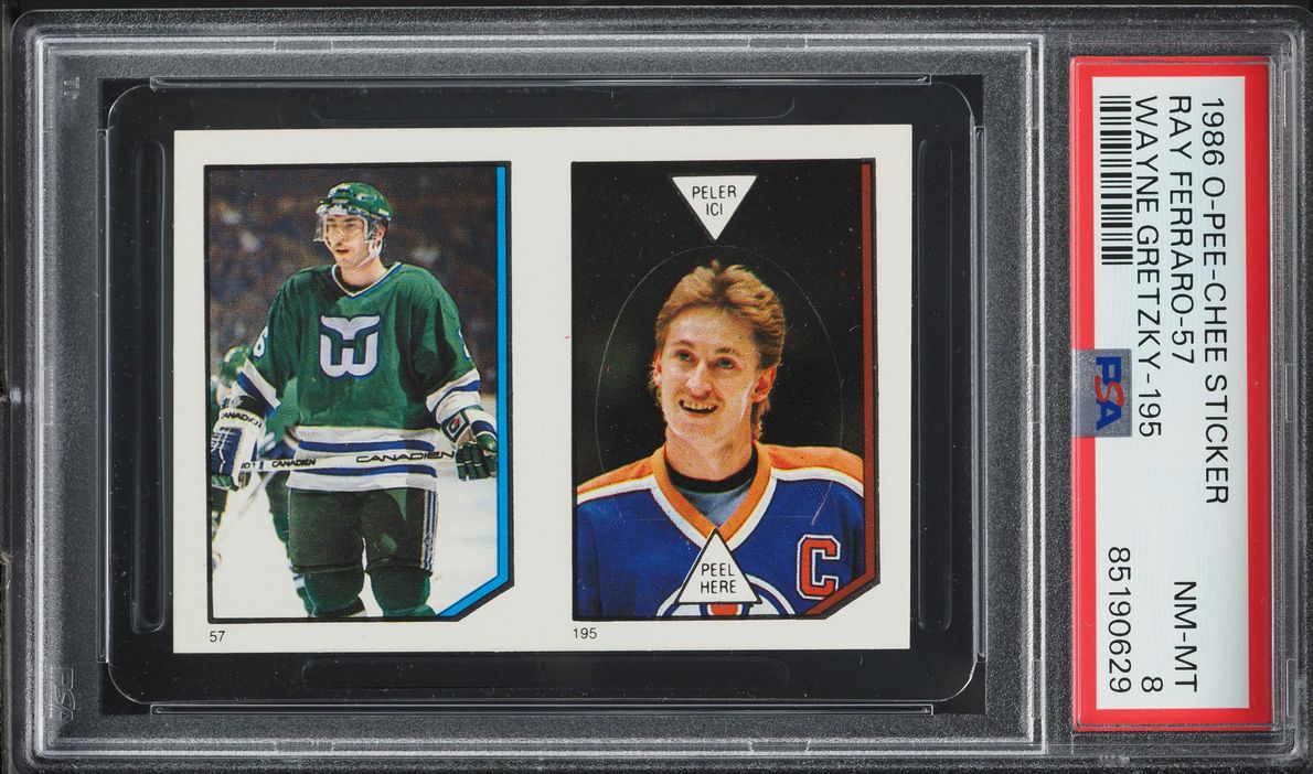 1986 O-Pee-Chee Sticker Hockey Ray Ferraro Wayne Gretzky #57 PSA 8 NM-MT
