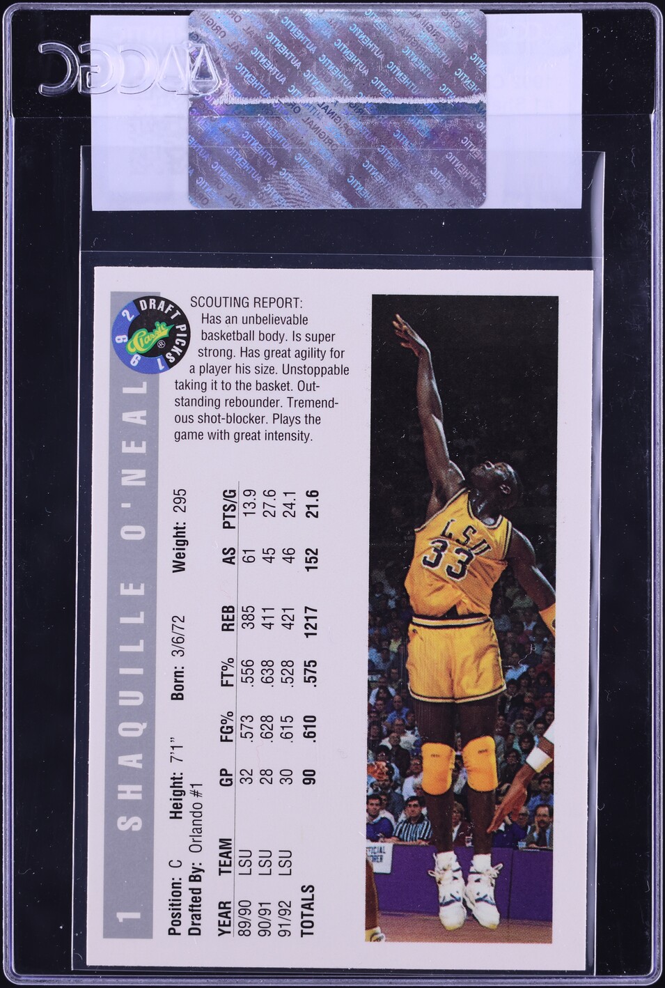 1992 Classic Draft Picks Shaquille O'Neal ROOKIE #1 CGC AUTH