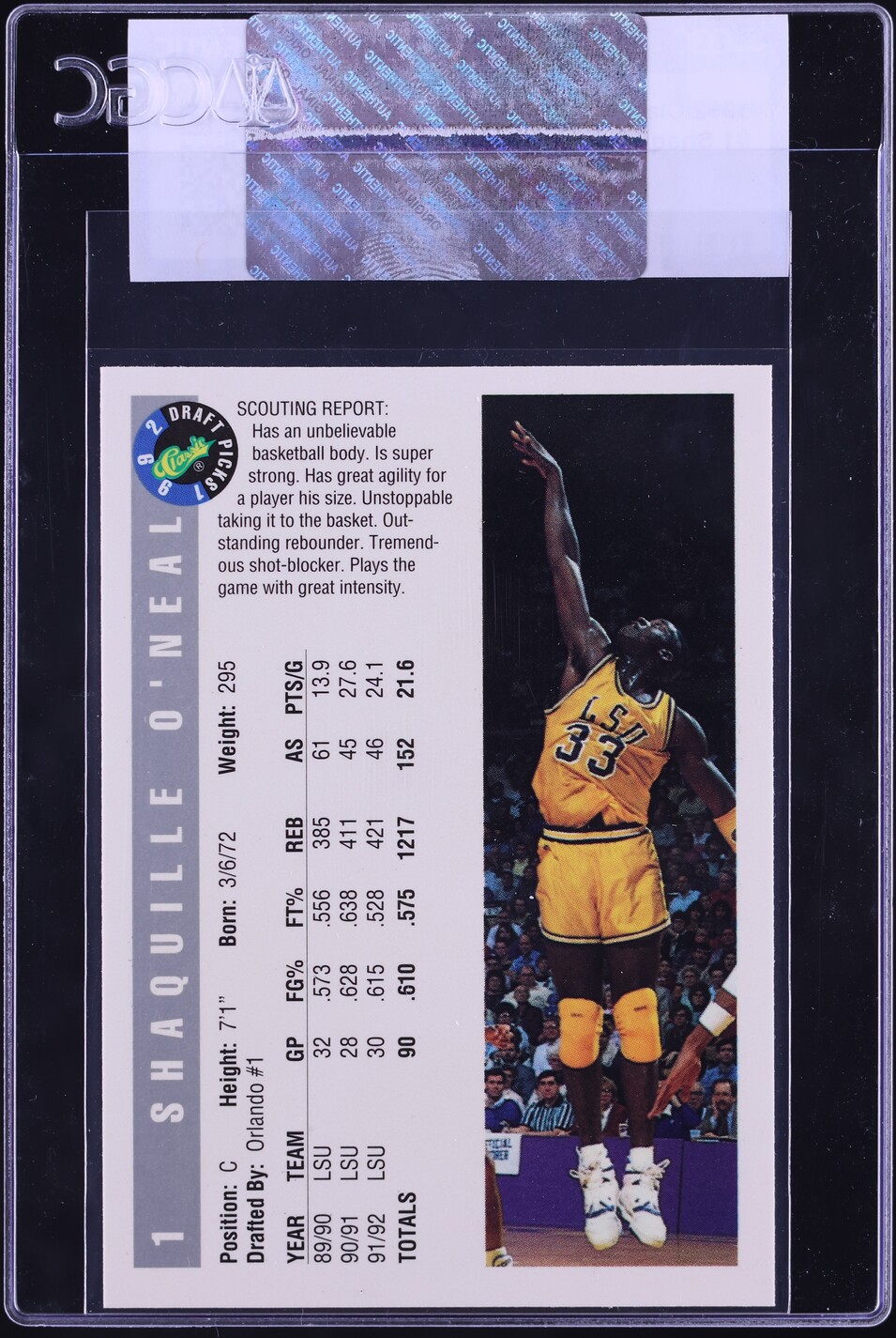 1992 Classic Draft Picks Shaquille O'Neal ROOKIE #1 CGC AUTH