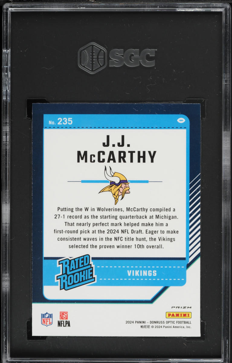 2024 Donruss Optic Purple Shock Prizm J.J. McCarthy ROOKIE #235 SGC 7 NRMT