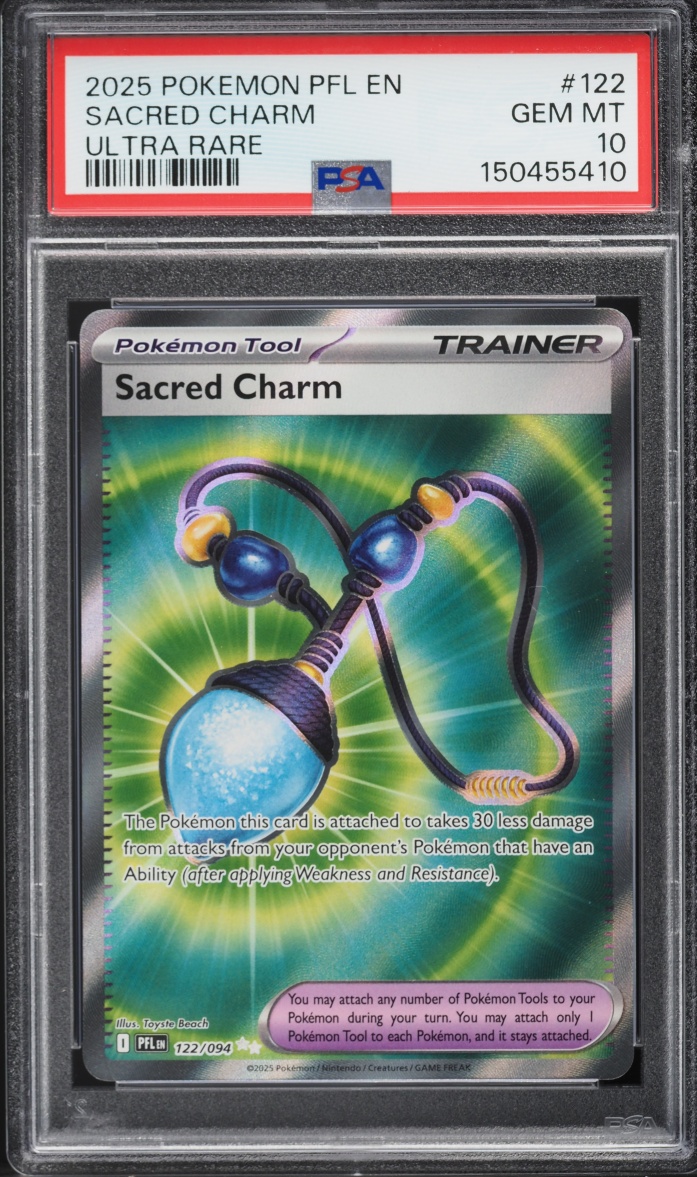2025 Pokemon Mega Evolution Phantasmal Flames Full Art Sacred Charm #122 PSA 10 GEM MINT