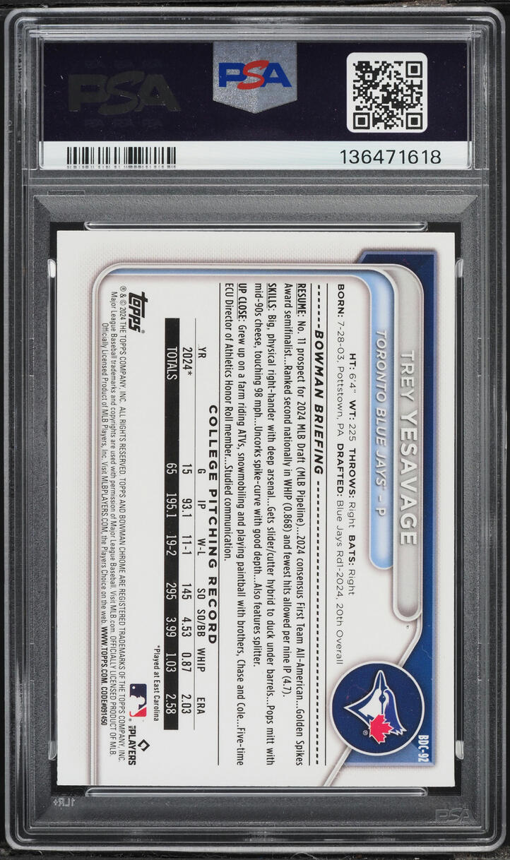 2024 Bowman Chrome Draft Sapphire Trey Yesavage PROSPECT #BDC92 PSA 9 MINT