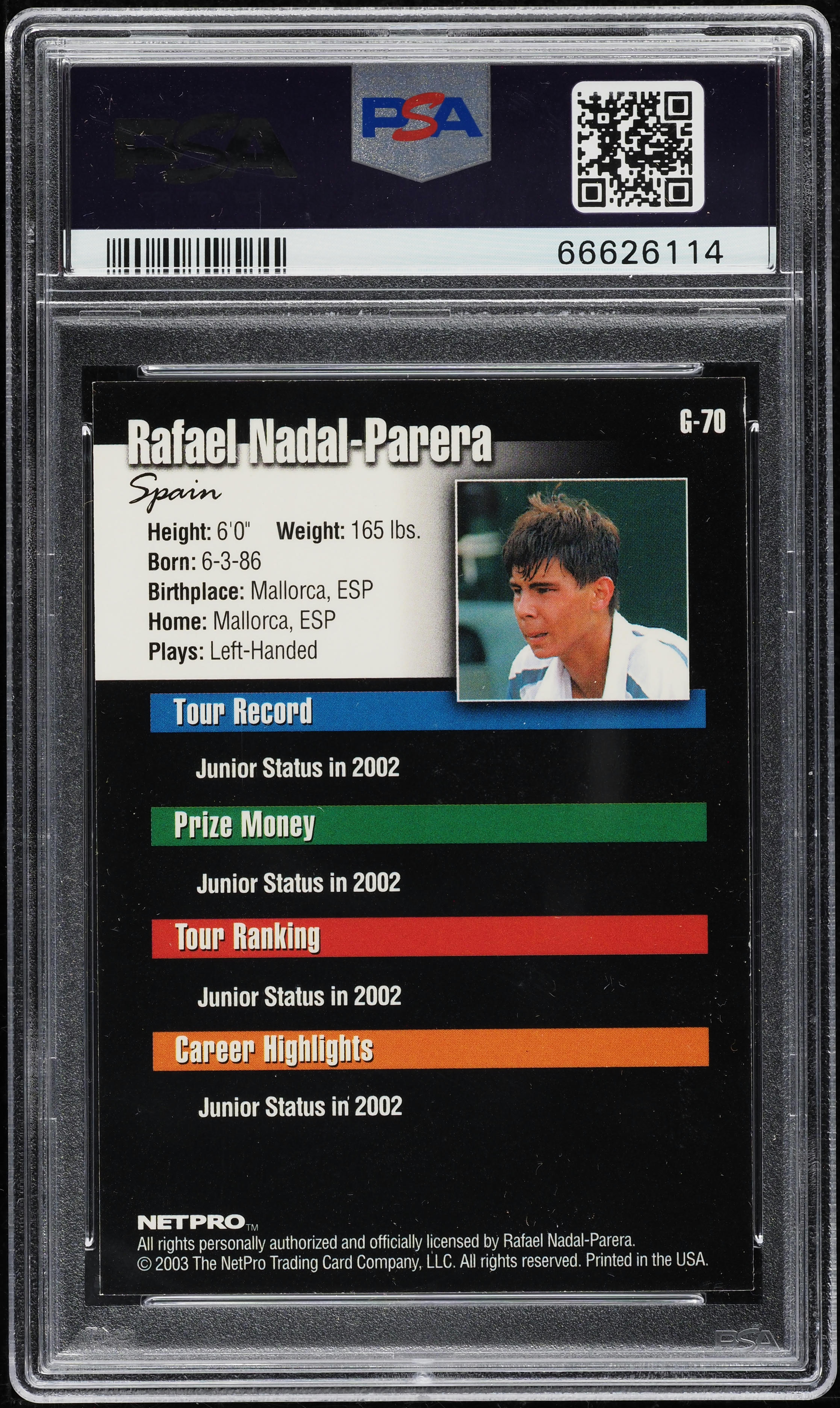 2003 Netpro Glossy Rafael Nadal ROOKIE #G-70 PSA 10 GEM MINT