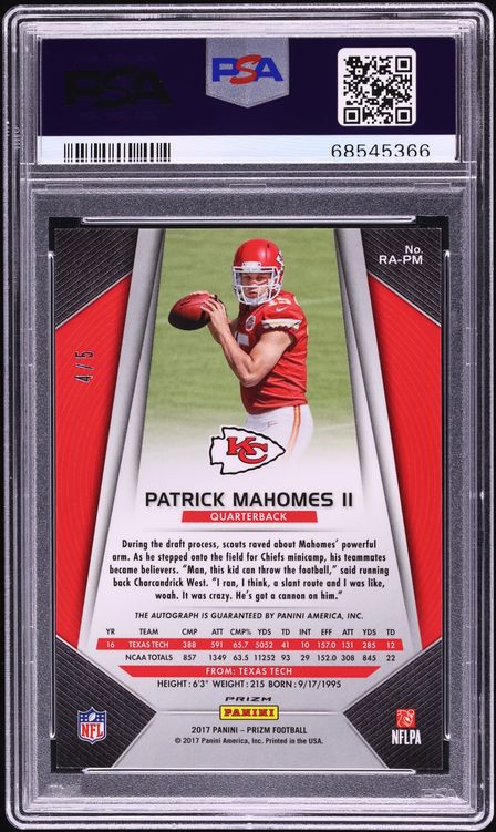 2017 Panini Prizm Gold Vinyl Patrick Mahomes ROOKIE AUTO DNA 10 /5 #RA-PM PSA 10 GEM MINT