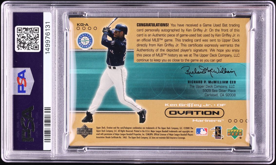 2000 Upper Deck Ovation A Piece Of History Ken Griffey Jr. RELIC AUTO /24 #KG-A PSA 8 NM-MT