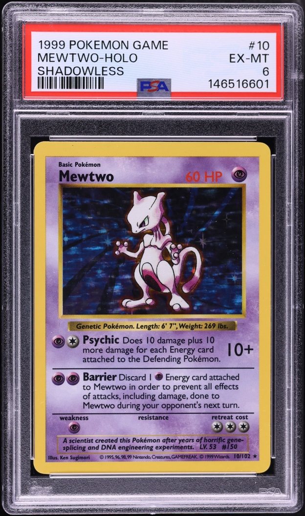 1999 Pokemon Base Set Shadowless Holo Mewtwo #10 PSA 6 EXMT