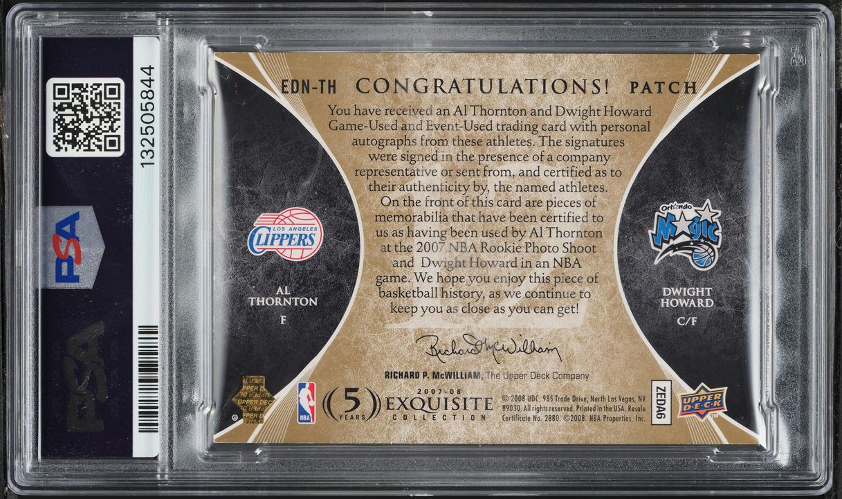 2007 Exquisite Collection Dual Numbers Al Thornton Dwight Howard PATCH AUTO 1/12 #EDNTH PSA 8