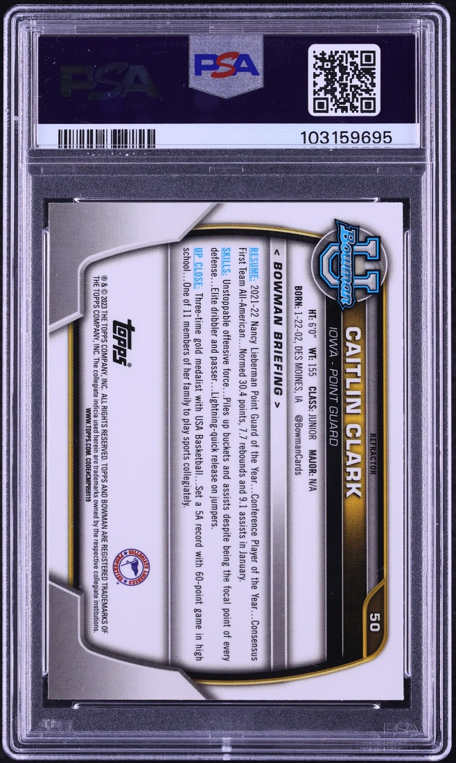 2022 Bowman Chrome University Refractor Caitlin Clark #50 PSA 8 NM-MT