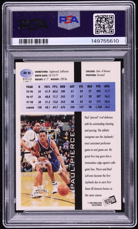 1998 Press Pass Solo Paul Pierce ROOKIE 1/1 #R5 PSA 7 NRMT - Photo 2